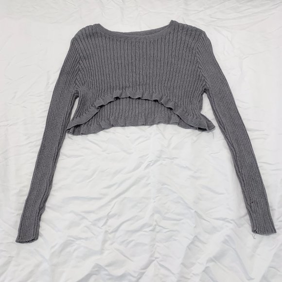 Shein ribbed knit solid sweater grey long sleeve crop top sexy under bust - Picture 6 of 9